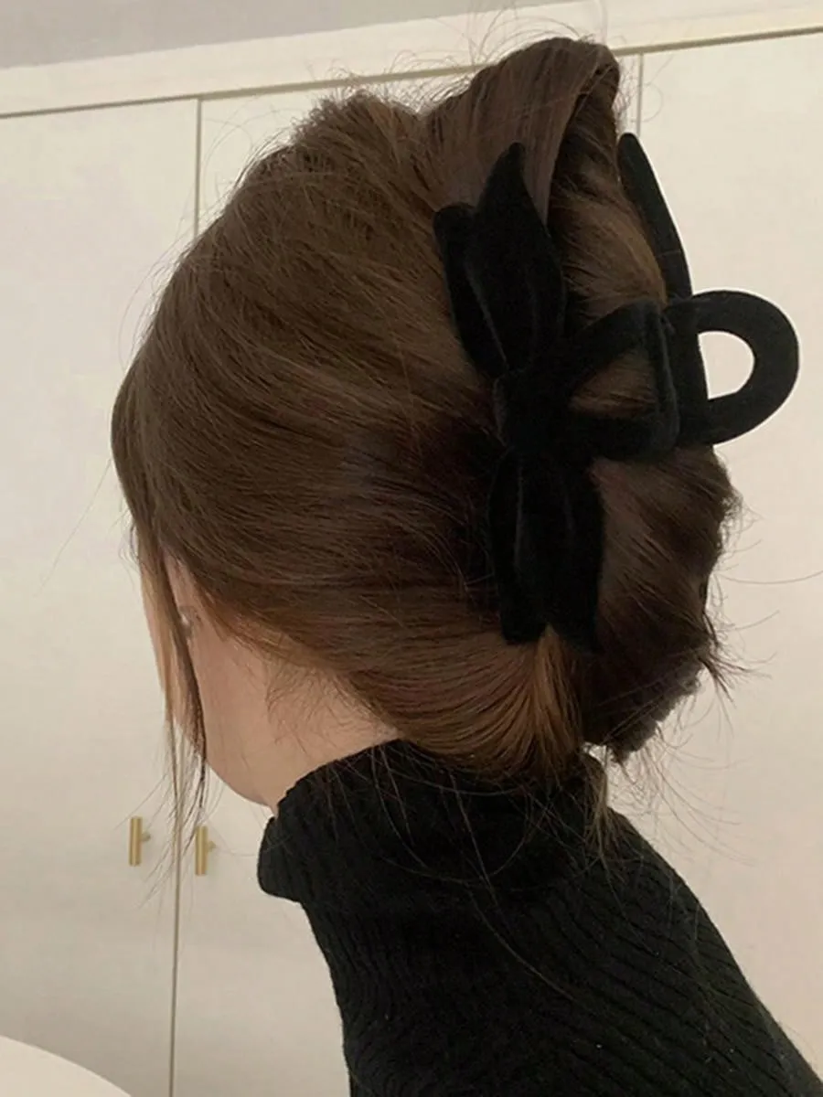 1 Agarre Para El Cabello Con Textura Aterciopelada Para Mujeres! Forma De Clip De Tiburon Con Arco, Clip De Cabello Exquisito De Estilo Coreano En La Parte Posterior De La Cabeza