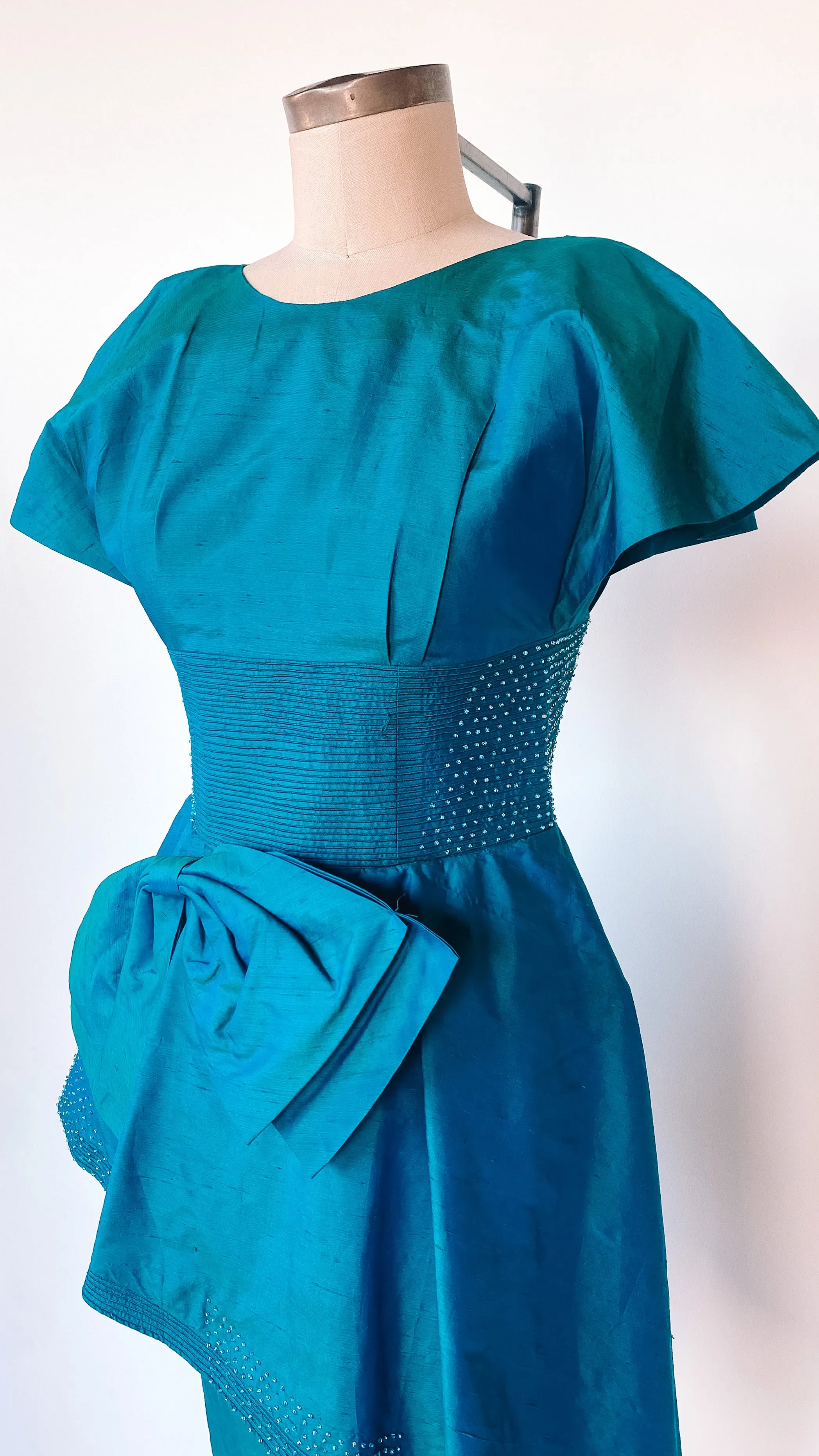 1950s Oversized Peplum Teal Dress, sz. XXS