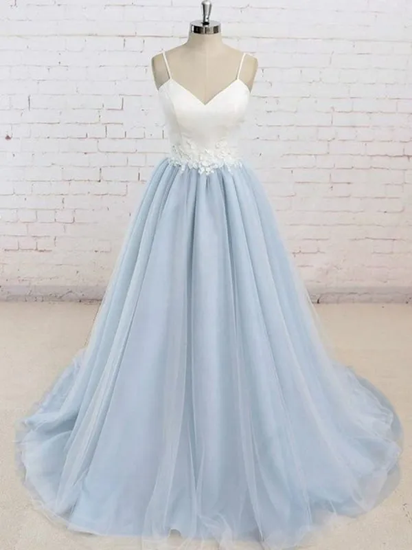 A Line V Neck Backless Light Blue Tulle Long Prom with White Lace Appliques, Light Blue Graduation, Light Blue Formal Evening