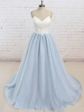 A Line V Neck Backless Light Blue Tulle Long Prom with White Lace Appliques, Light Blue Graduation, Light Blue Formal Evening