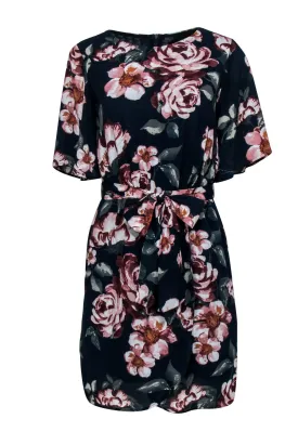 ABS by Allen Schwartz - Navy Floral Flutter Sleeve Fitted Dress Sz 2