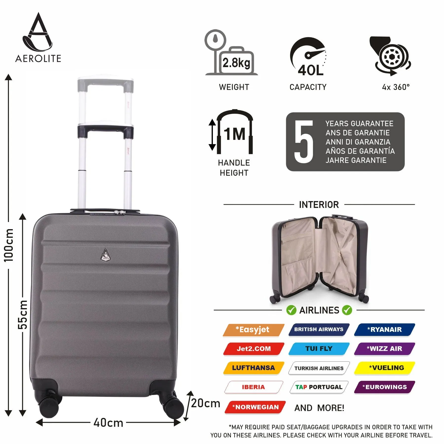 Aerolite (55x40x20cm) Ryanair Maximum Allowance (Priority) 40L Lightweight Hard Shell Carry On Cabin Suitcase with 4 Wheels - Also Approved for easyJet Plus, British Airways, Charcoal