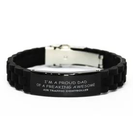 Air Traffic Controller Gifts. Proud Dad of a freaking Awesome Air Traffic Controller. Black Glidelock Clasp Bracelet for Air Traffic Controller. Great Gift for Him. Fathers Day Gift. Unique Dad Jewelry