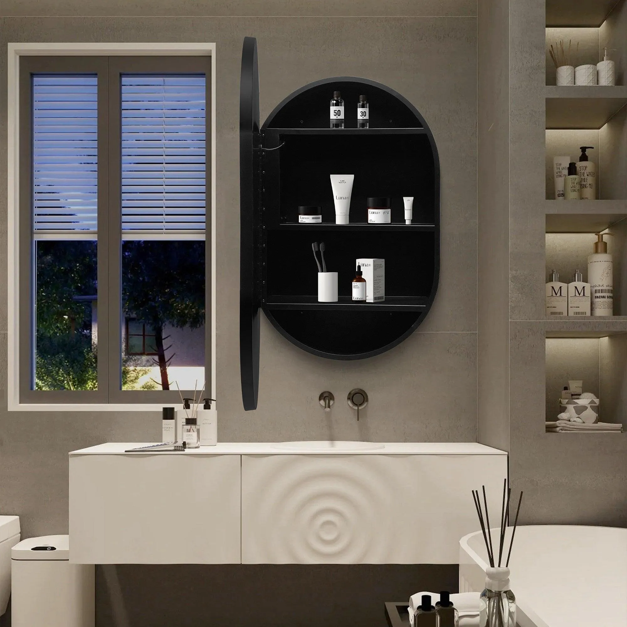 Black Oval Mirror Cabinet for Bathroom Bedroom