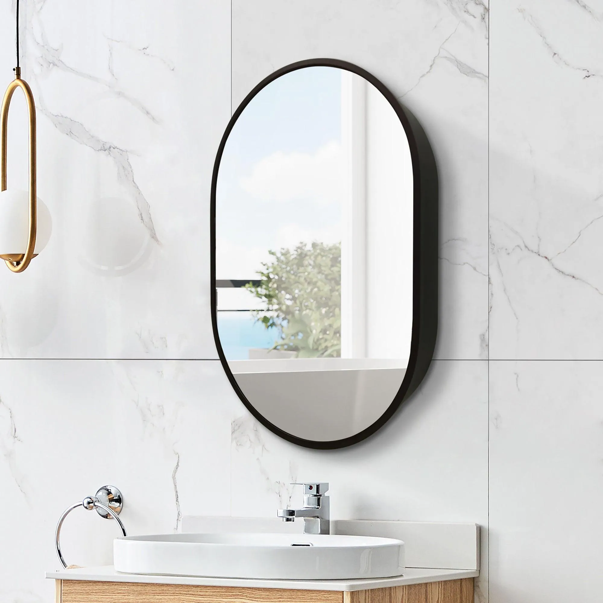 Black Oval Mirror Cabinet for Bathroom Bedroom