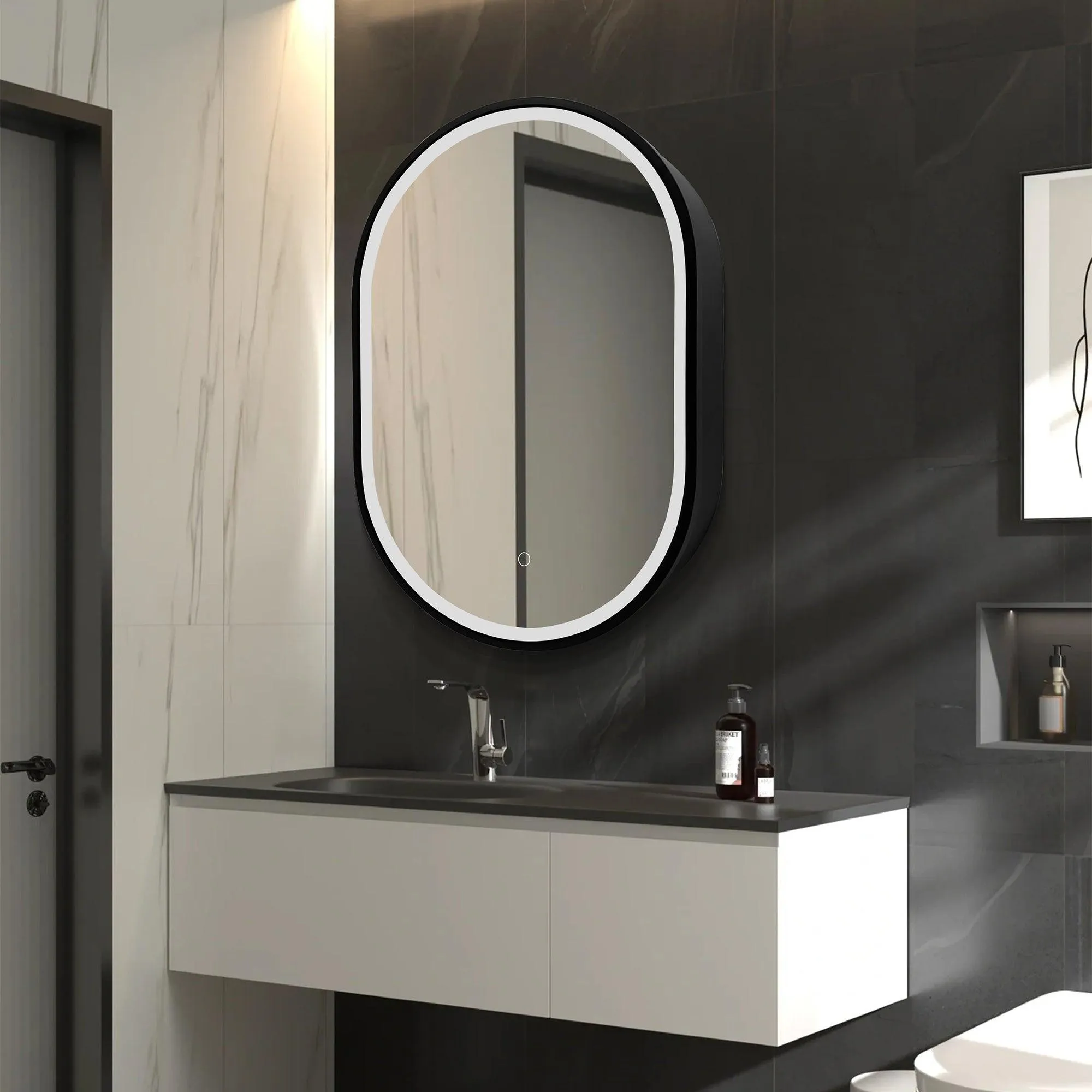 Black Oval Mirror Cabinet for Bathroom Bedroom