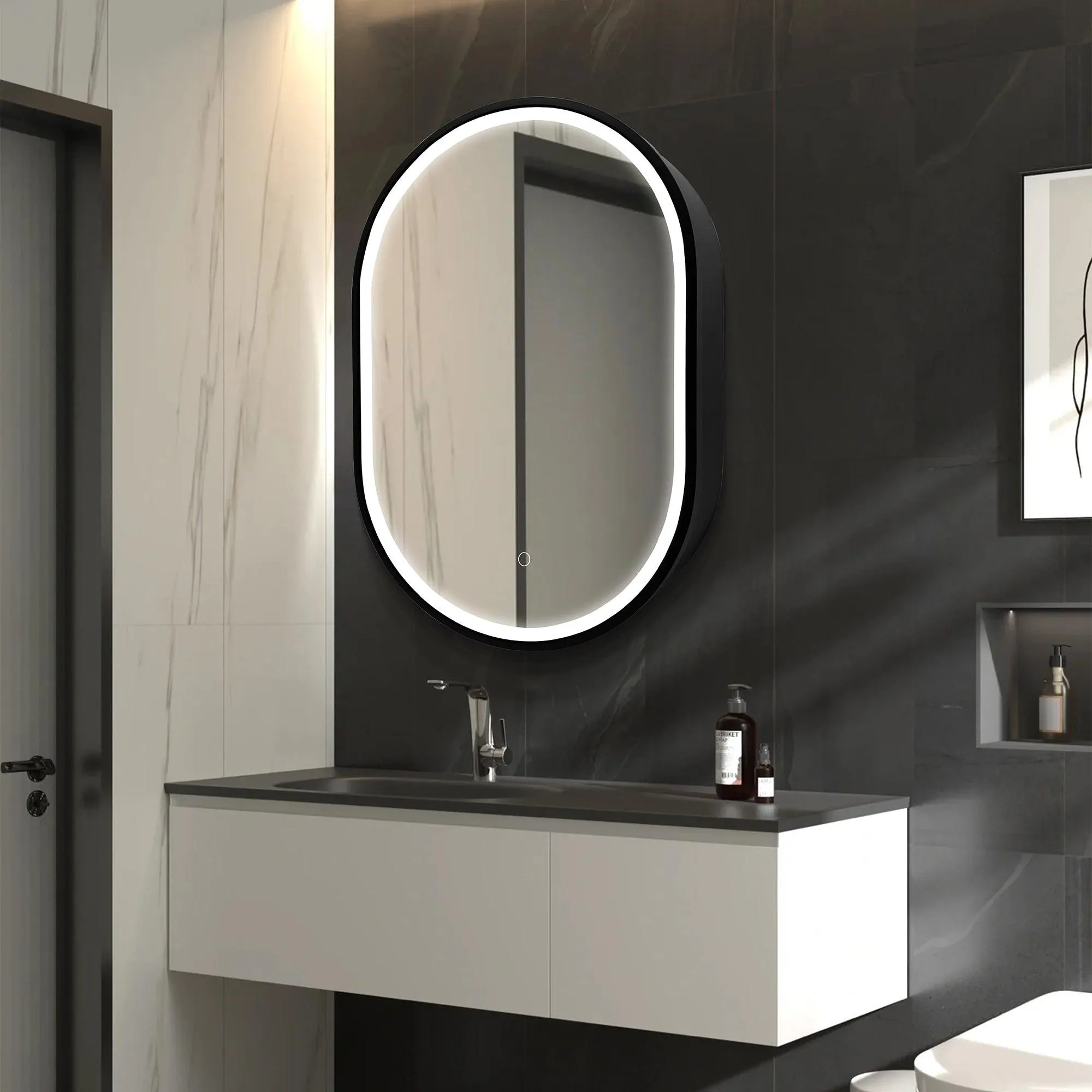 Black Oval Mirror Cabinet for Bathroom Bedroom