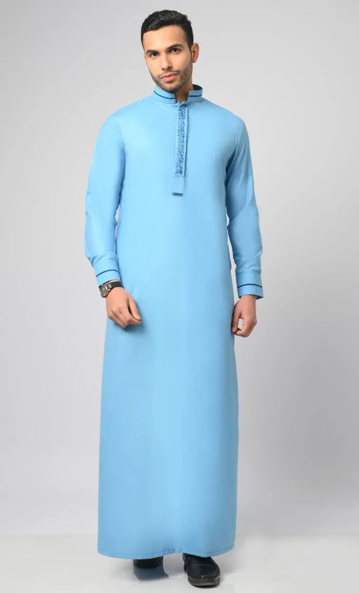 Blue Formal Modern Thobe / Jubba With Contrasting Dark Blue Embroidered Detail