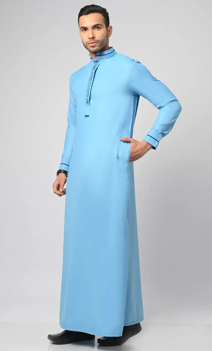 Blue Formal Modern Thobe / Jubba With Contrasting Dark Blue Embroidered Detail