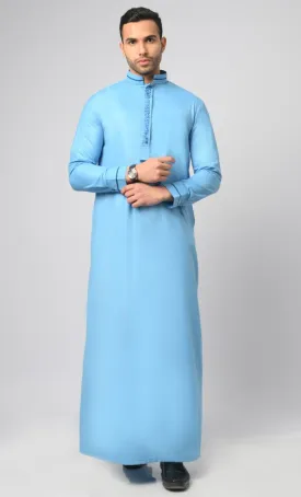 Blue Formal Modern Thobe / Jubba With Contrasting Dark Blue Embroidered Detail