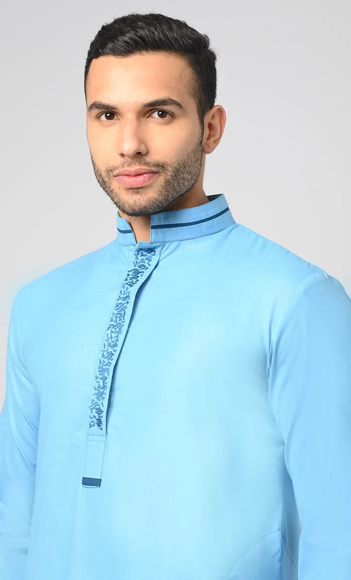 Blue Formal Modern Thobe / Jubba With Contrasting Dark Blue Embroidered Detail