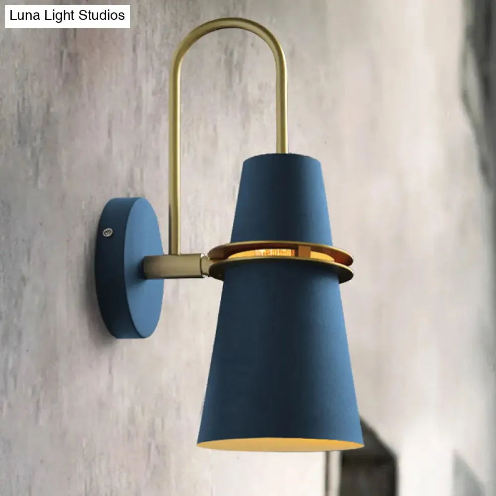 Contemporary Metallic Flared Wall Sconce Light with Curved Arm - Blue/Black 1 Head Wall Mount Lamp Fixture