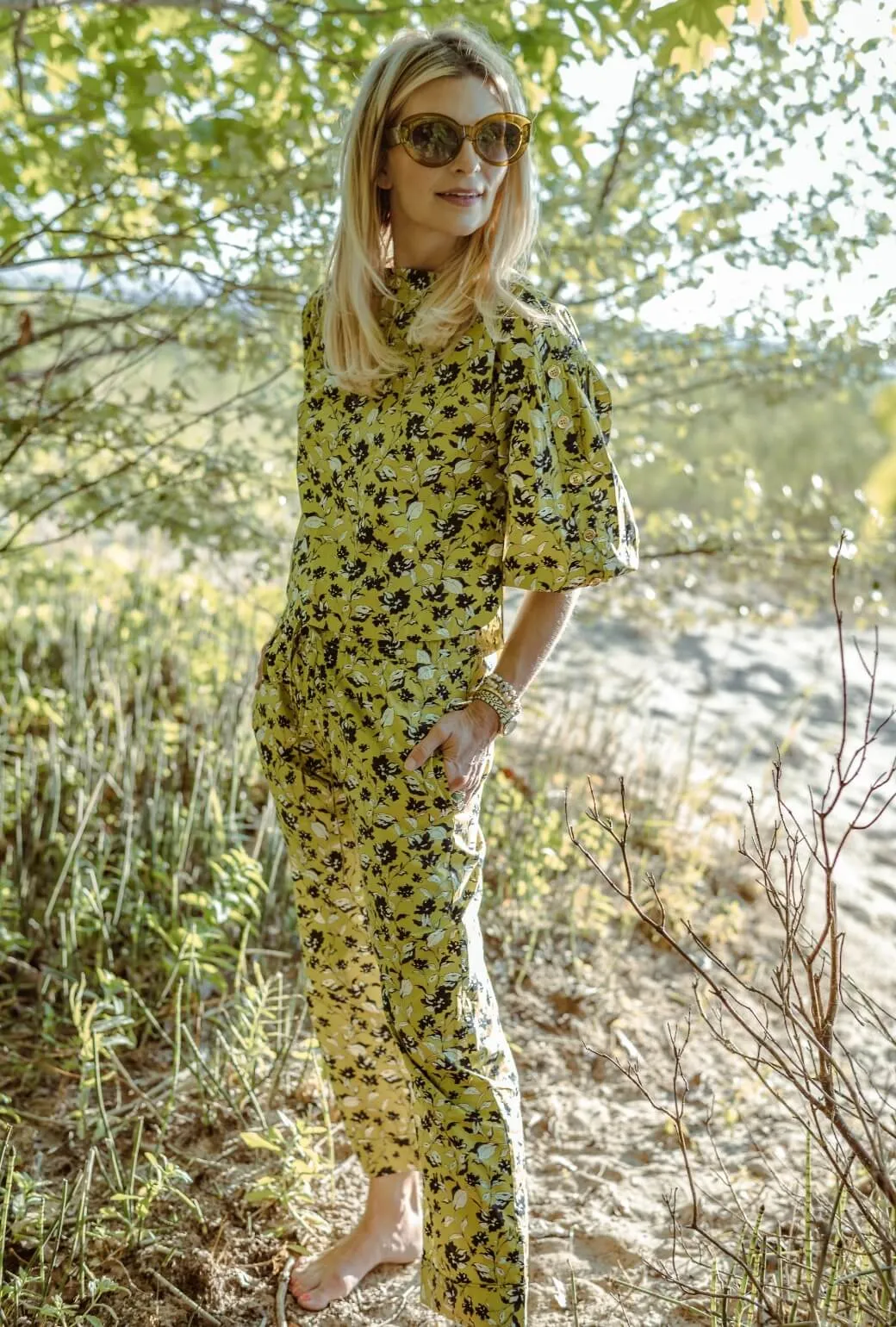 Cropped Button Sleeve Blouse - Chartreuse Floral