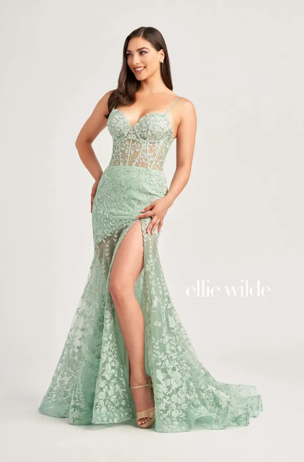 Ellie Wilde 35005 Lace Bustier Fit & flare Gown With Slit