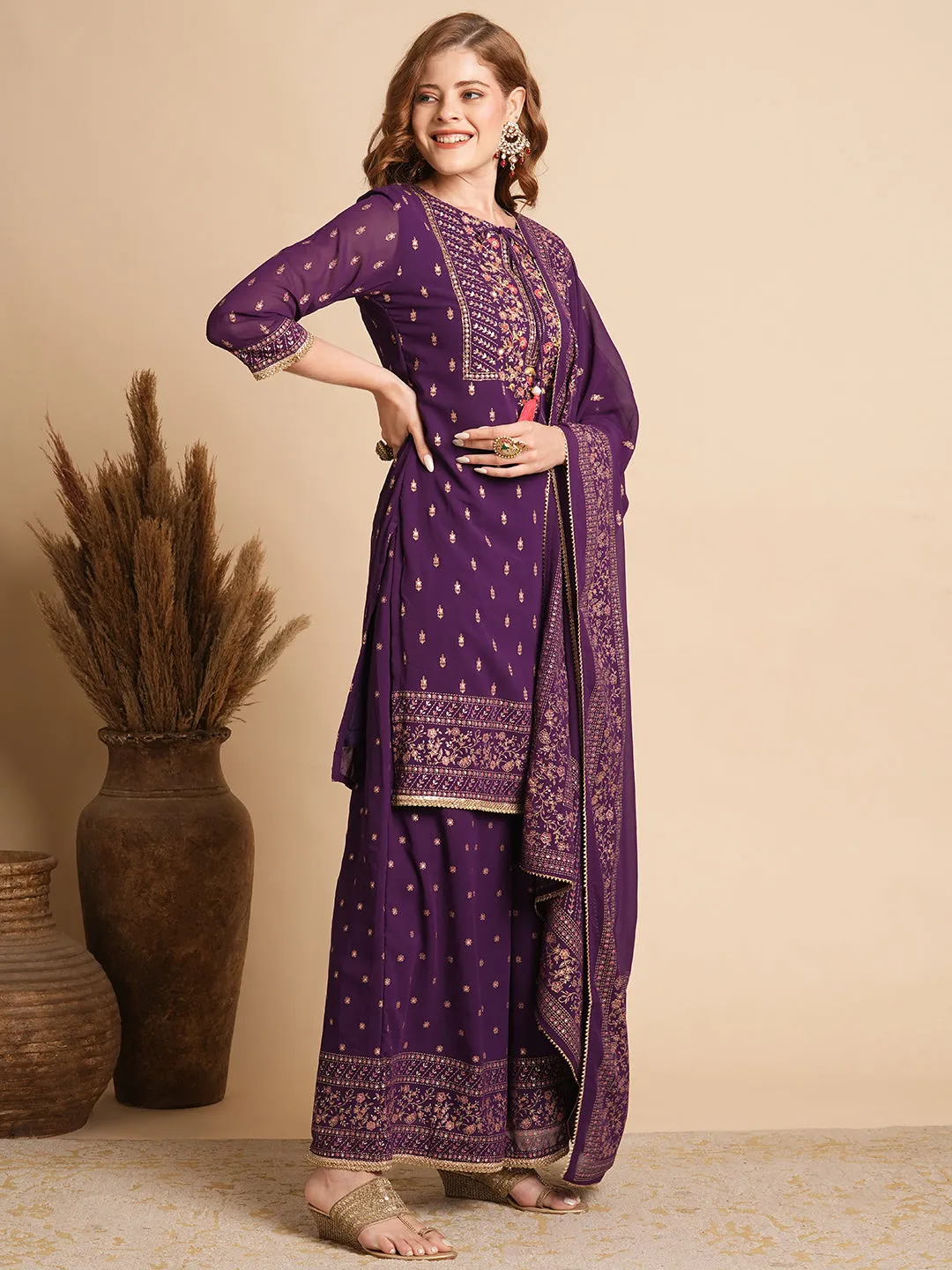 Ethnic Floral Printed & Hand Embroidered Kurta with Palazzo & Dupatta - Purple