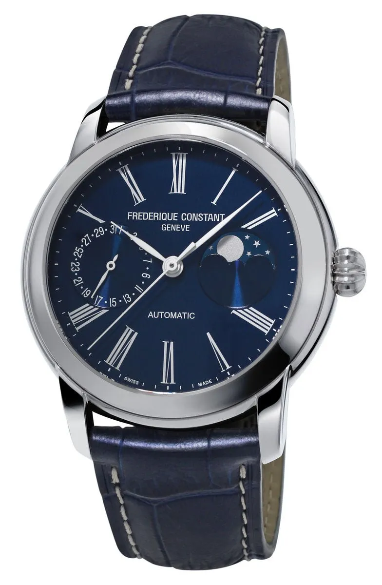 Frederique Constant Classic Moonphase Manufacture Automatic Blue Dial Blue Leather Strap Mens Watch FC-712MN4H6