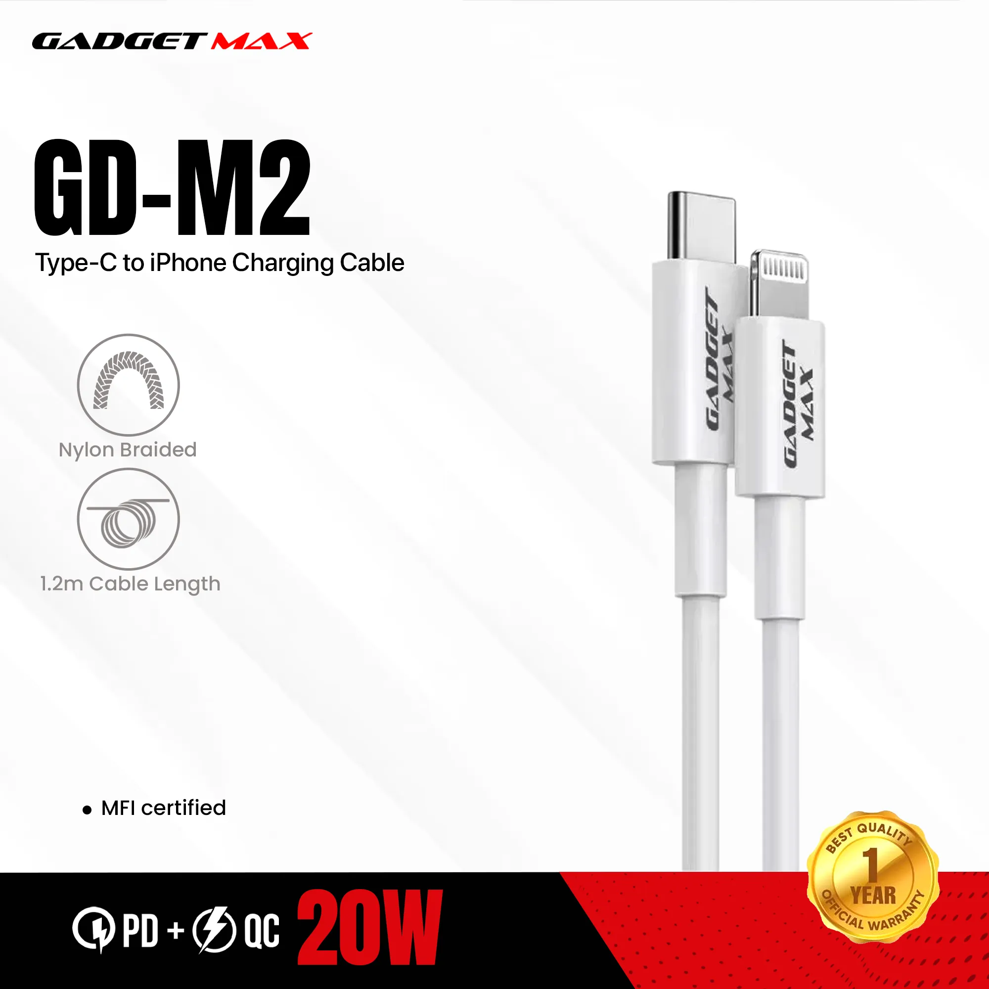 GADGET MAX M2 USB-C TO LIGHTNING MFI FAST CHARGE & DATA SYNC CABLE, PD/QC 20W(3A)(1200mm)