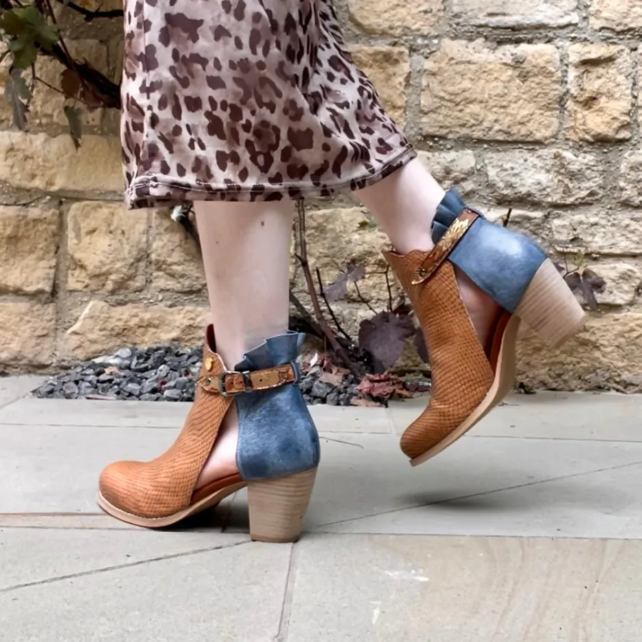 Indigo- Tan and denim ankle boot