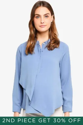 Long Sleeves Chrissy Mandarin Collar Nursing Top Grey Blue