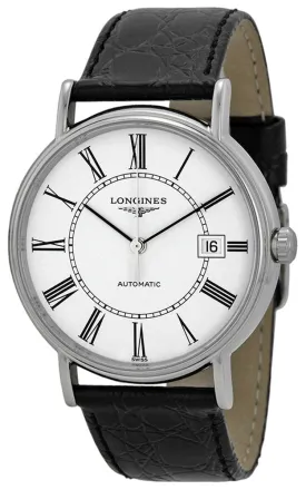 Longines Presence Automatic Stainless Steel White Dial Black Leather Strap Date Mens Watch L4.921.4.11.2