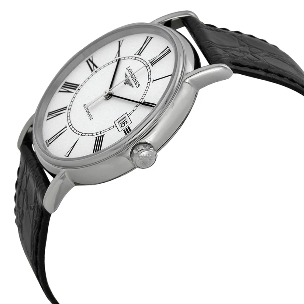 Longines Presence Automatic Stainless Steel White Dial Black Leather Strap Date Mens Watch L4.921.4.11.2